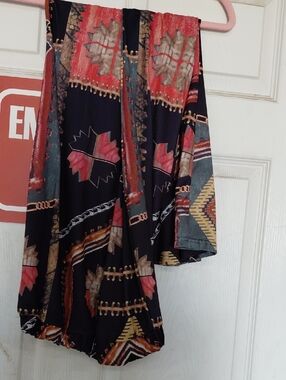 Boho-Pattern Wide Leg Leggings - Black with Red & Tan Accents